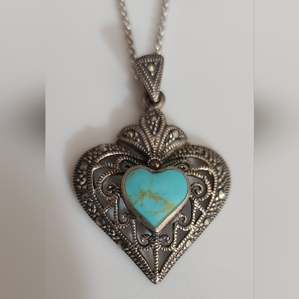 Vintage Sterling Silver Marcasite Heart Pendant Chain Necklace Turquoise Estate